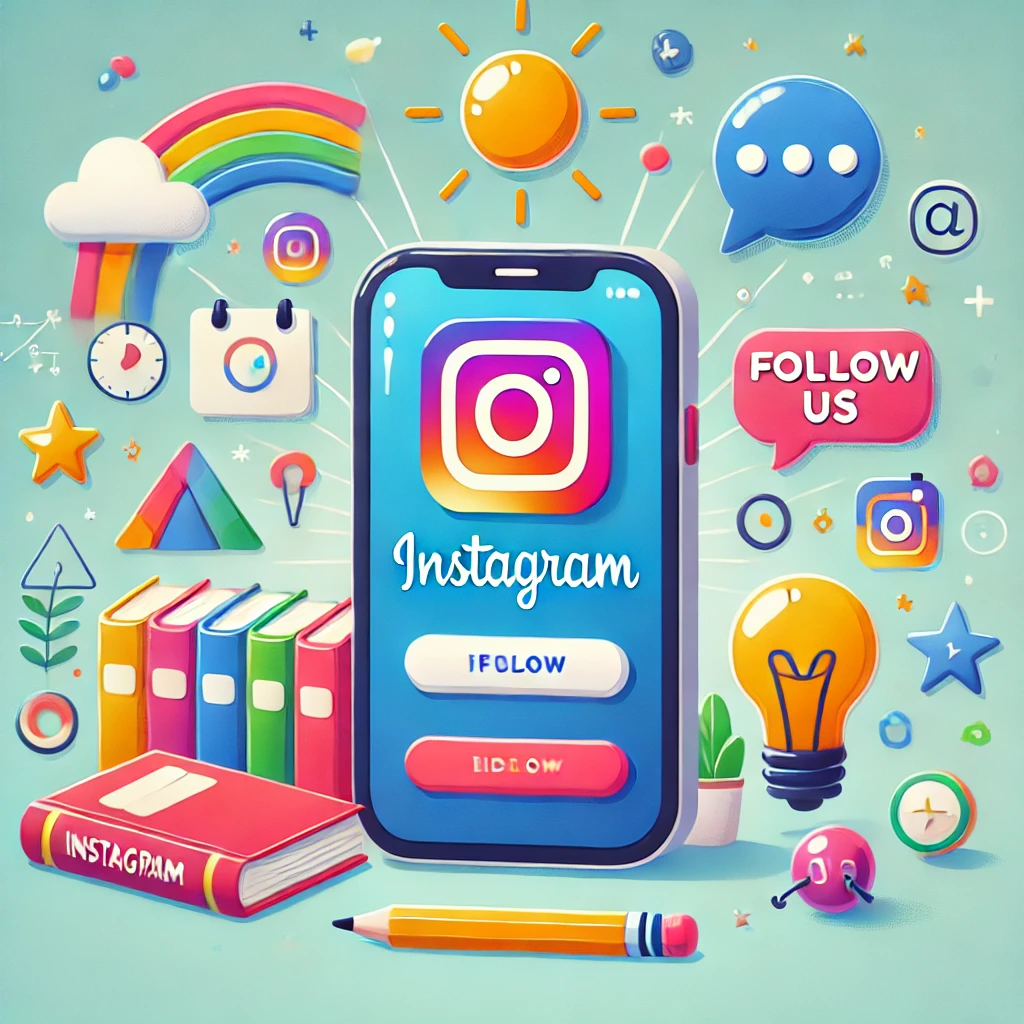 DALL·E 2025-03-17 11.54.52 – A playful and colorful digital illustration of a smartphone displaying the Instagram logo on its screen. Surrounding the phone are fun educational ele